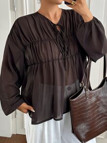 Dazy Plus Solid Color Chiffon Ruched Loose Elegant Design Brown Long Sleeve Spring Summer Autumn Pullover Blouse - Brown - View 5