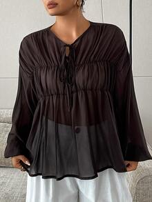 Dazy Plus Solid Color Chiffon Ruched Loose Elegant Design Brown Long Sleeve Spring Summer Autumn Pullover Blouse - Brown - View 6