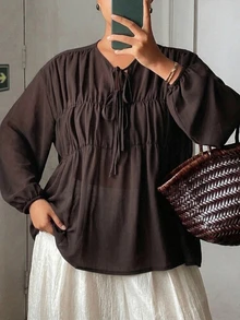 Dazy Plus Solid Color Chiffon Ruched Loose Elegant Design Brown Long Sleeve Spring Summer Autumn Pullover Blouse - Brown - View 1
