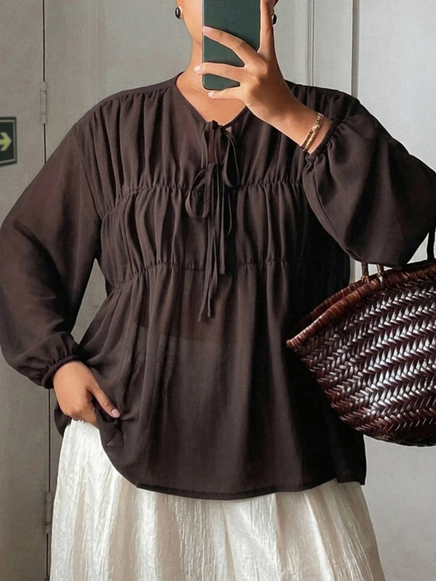 Dazy Plus Solid Color Chiffon Ruched Loose Elegant Design Brown Long Sleeve Spring Summer Autumn Pullover Blouse - Brown - View 1