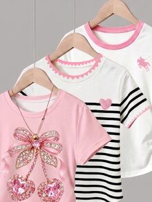 兒童青少年女孩簡約可愛休閒腰部3件式襯衫套裝 返校季 白色、黑白條紋、棕色、黑色、粉色 夏季 - 白色 - 查看 3