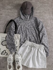 SHEIN 青少年女孩休閒開學街頭風豹紋連帽長版緊口束腰衛衣 - 灰色 - 查看 7