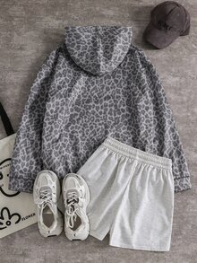 SHEIN 青少年女孩休閒開學街頭風豹紋連帽長版緊口束腰衛衣 - 灰色 - 查看 2