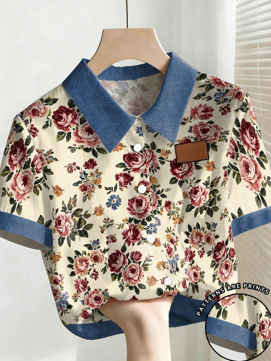 Breezaya Floral Print Short Sleeve Fashion Fairycore Traditional Casual Plus Size Shirt Brunch Party White Summer - Multicolor - View 1