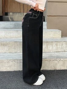 SHEIN PETITE 女款純色極簡風 2000 Y2K 2000年代日常牛仔褲，小個女生夜店穿搭黑色與粉色夏季款 - 黑色 - 查看 10