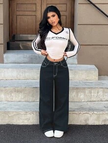 SHEIN PETITE 女款純色極簡風 2000 Y2K 2000年代日常牛仔褲，小個女生夜店穿搭黑色與粉色夏季款 - 黑色 - 查看 7