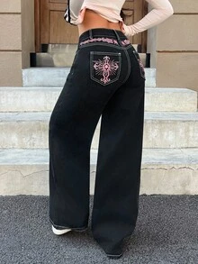SHEIN PETITE 女款純色極簡風 2000 Y2K 2000年代日常牛仔褲，小個女生夜店穿搭黑色與粉色夏季款 - 黑色 - 查看 4