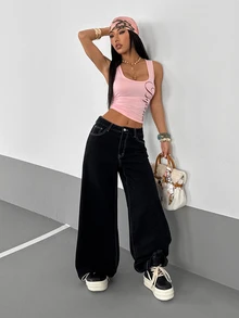SHEIN PETITE 女款純色極簡風 2000 Y2K 2000年代日常牛仔褲，小個女生夜店穿搭黑色與粉色夏季款 - 黑色 - 查看 12