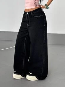 SHEIN PETITE 女款純色極簡風 2000 Y2K 2000年代日常牛仔褲，小個女生夜店穿搭黑色與粉色夏季款 - 黑色 - 查看 11
