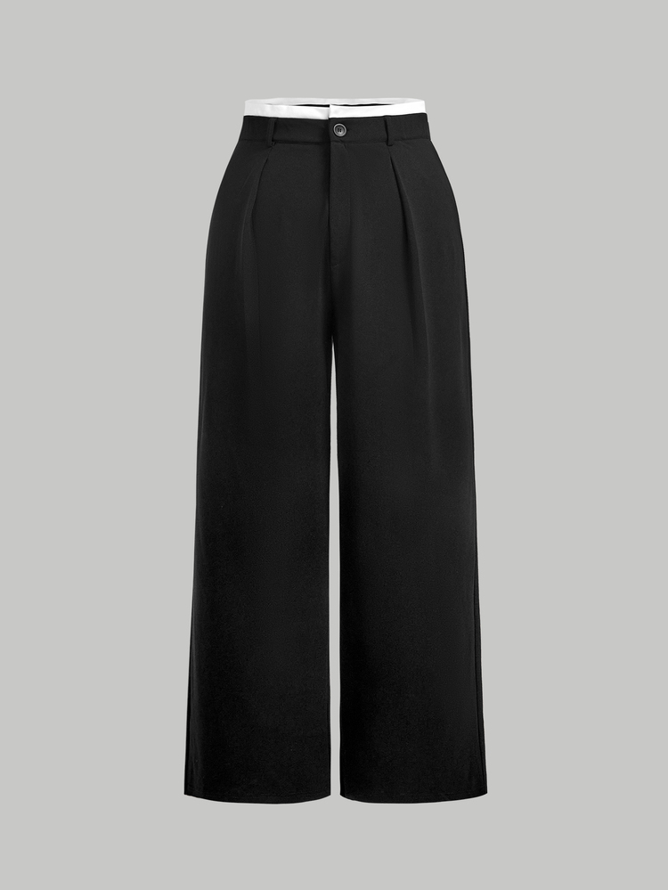 SHEIN MOD Women's Plus Size Knit Patchwork Colorblock Waistband Casual Commute Straight Leg Pants,Back To School,Campus,Elegant ,Basic Trousers,Autumn Fall - Black and White - View 4