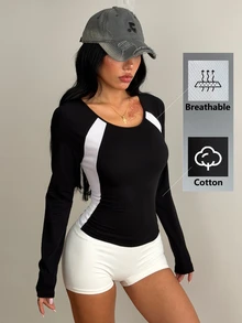 Coolane Women's Fall/Winter Streetwear Cotton Mesh Breathable Sport Colorblock Round Neck Raglan Long Sleeve Slim Fit Black And White T-Shirt - Black and White - View 3