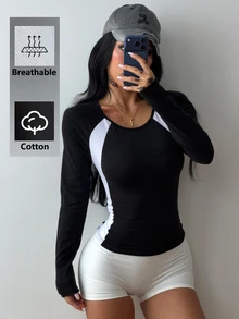 Coolane Women's Fall/Winter Streetwear Cotton Mesh Breathable Sport Colorblock Round Neck Raglan Long Sleeve Slim Fit Black And White T-Shirt - Black and White - View 1