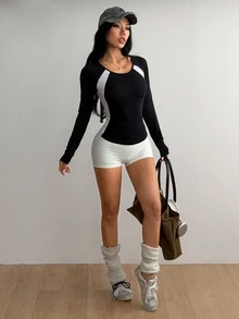 Coolane Women's Fall/Winter Streetwear Cotton Mesh Breathable Sport Colorblock Round Neck Raglan Long Sleeve Slim Fit Black And White T-Shirt - Black and White - View 5
