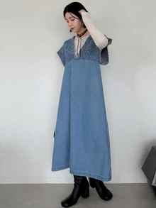 FRIFUL 女款拼接長款牛仔洋裝 - 藍色 - 查看 6