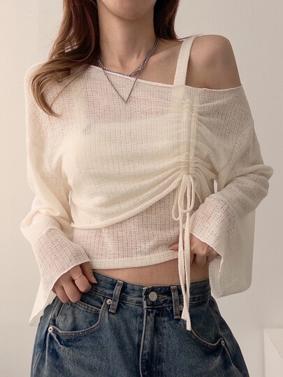 DAZY Women's Solid Color Asymmetric Shoulder Ruched Casual Everyday Long Sleeve T-Shirt