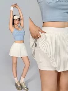 DAZY 女款夏季韓式高腰白色全滿印百褶裙，內建短褲口袋，修身運動健身休閒底層健身裙 - 白色 - 查看 4