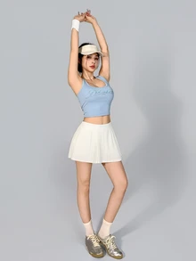 DAZY 女款夏季韓式高腰白色全滿印百褶裙，內建短褲口袋，修身運動健身休閒底層健身裙 - 白色 - 查看 8