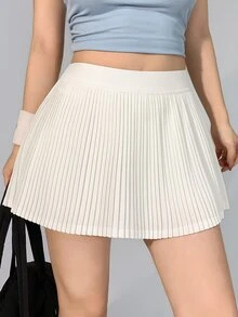DAZY 女款夏季韓式高腰白色全滿印百褶裙，內建短褲口袋，修身運動健身休閒底層健身裙 - 白色 - 查看 6