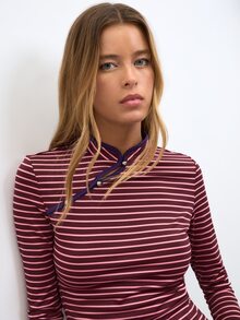 Nöista Purple-Red Horizontal Striped Chinese-Style Long-Sleeved Slim-Fit T-Shirt. Stretchy And Comfortable,Casual,Practical And Versatile,Fall Winter. - Brown - View 5