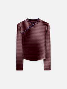 Nöista Purple-Red Horizontal Striped Chinese-Style Long-Sleeved Slim-Fit T-Shirt. Stretchy And Comfortable,Casual,Practical And Versatile,Fall Winter. - Brown - View 7