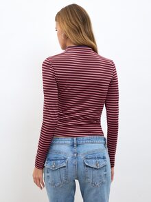 Nöista Purple-Red Horizontal Striped Chinese-Style Long-Sleeved Slim-Fit T-Shirt. Stretchy And Comfortable,Casual,Practical And Versatile,Fall Winter. - Brown - View 6
