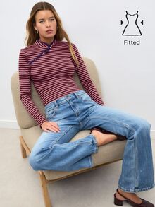Nöista Purple-Red Horizontal Striped Chinese-Style Long-Sleeved Slim-Fit T-Shirt. Stretchy And Comfortable,Casual,Practical And Versatile,Fall Winter. - Brown - View 4