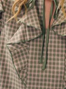 Nöista Plaid,Ruffled,Tie-Front Long-Sleeved Shirt,Sweet Elegance,Comfortable,Skin,Vsuitable Casual Occasions Fall Winter, - Green - View 11
