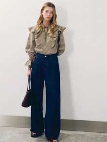 Nöista Plaid,Ruffled,Tie-Front Long-Sleeved Shirt,Sweet Elegance,Comfortable,Skin,Vsuitable Casual Occasions Fall Winter, - Green - View 6