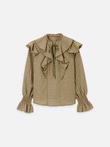 Nöista Plaid,Ruffled,Tie-Front Long-Sleeved Shirt,Sweet Elegance,Comfortable,Skin,Vsuitable Casual Occasions Fall Winter, - Green - View 5