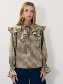 Nöista Plaid,Ruffled,Tie-Front Long-Sleeved Shirt,Sweet Elegance,Comfortable,Skin,Vsuitable Casual Occasions Fall Winter, - Green - View 1