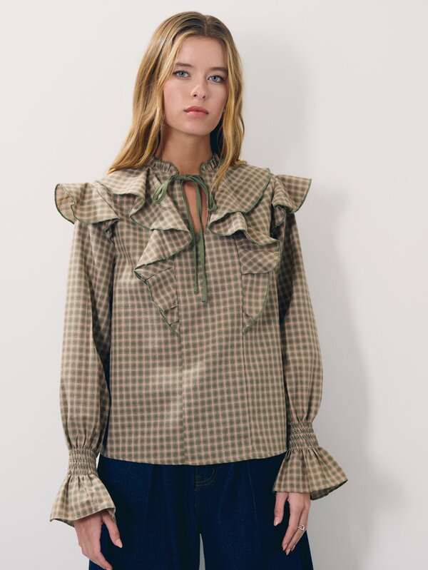 Nöista Plaid,Ruffled,Tie-Front Long-Sleeved Shirt,Sweet Elegance,Comfortable,Skin,Vsuitable Casual Occasions Fall Winter,