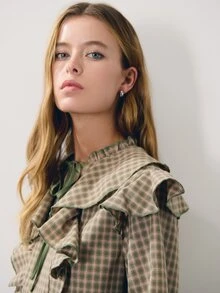 Nöista Plaid,Ruffled,Tie-Front Long-Sleeved Shirt,Sweet Elegance,Comfortable,Skin,Vsuitable Casual Occasions Fall Winter, - Green - View 7