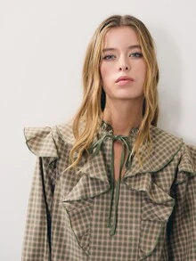 Nöista Plaid,Ruffled,Tie-Front Long-Sleeved Shirt,Sweet Elegance,Comfortable,Skin,Vsuitable Casual Occasions Fall Winter, - Green - View 2