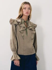 Nöista Plaid,Ruffled,Tie-Front Long-Sleeved Shirt,Sweet Elegance,Comfortable,Skin,Vsuitable Casual Occasions Fall Winter, - Green - View 4