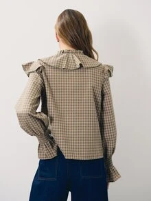 Nöista Plaid,Ruffled,Tie-Front Long-Sleeved Shirt,Sweet Elegance,Comfortable,Skin,Vsuitable Casual Occasions Fall Winter, - Green - View 9