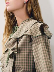 Nöista Plaid,Ruffled,Tie-Front Long-Sleeved Shirt,Sweet Elegance,Comfortable,Skin,Vsuitable Casual Occasions Fall Winter, - Green - View 3