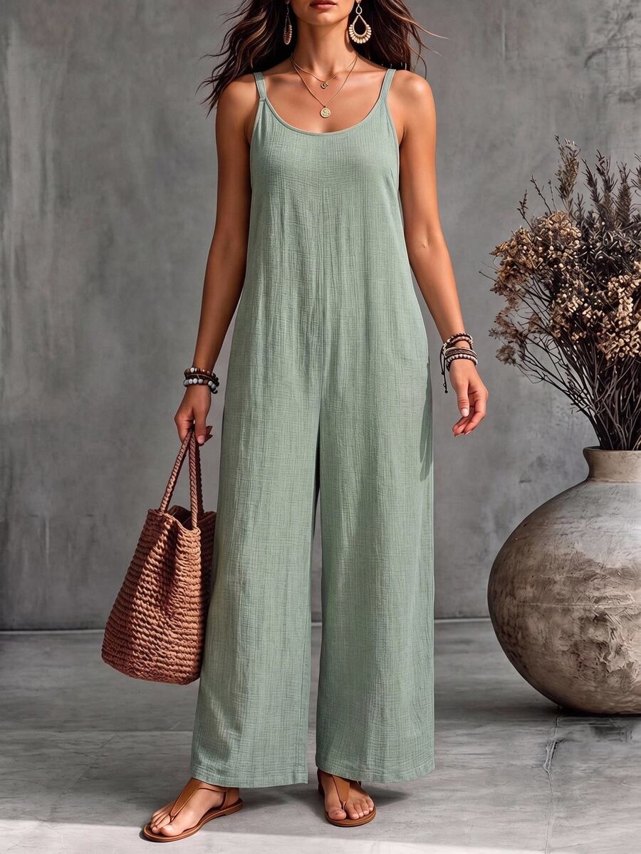 EMERY ROSE Women's Solid Color Minimalist Casual Jumpsuit Boho For Women One Size Summer Outfits Overalls Outfit Vacation Vacation Sage Green Vacation - Green - View 1