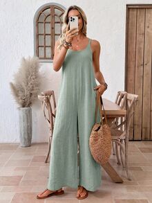 EMERY ROSE Women's Solid Color Minimalist Casual Jumpsuit Boho For Women One Size Summer Outfits Overalls Outfit Vacation Vacation Sage Green Vacation - Green - View 4