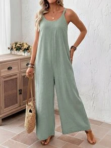 EMERY ROSE Women's Solid Color Minimalist Casual Jumpsuit Boho For Women One Size Summer Outfits Overalls Outfit Vacation Vacation Sage Green Vacation - Green - View 6