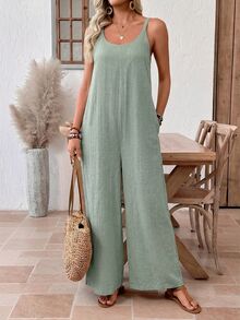 EMERY ROSE Women's Solid Color Minimalist Casual Jumpsuit Boho For Women One Size Summer Outfits Overalls Outfit Vacation Vacation Sage Green Vacation - Green - View 5