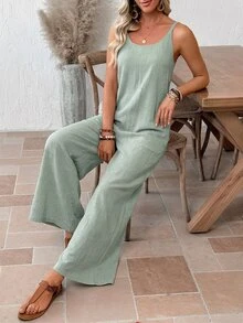 EMERY ROSE Women's Solid Color Minimalist Casual Jumpsuit Boho For Women One Size Summer Outfits Overalls Outfit Vacation Vacation Sage Green Vacation - Green - View 3