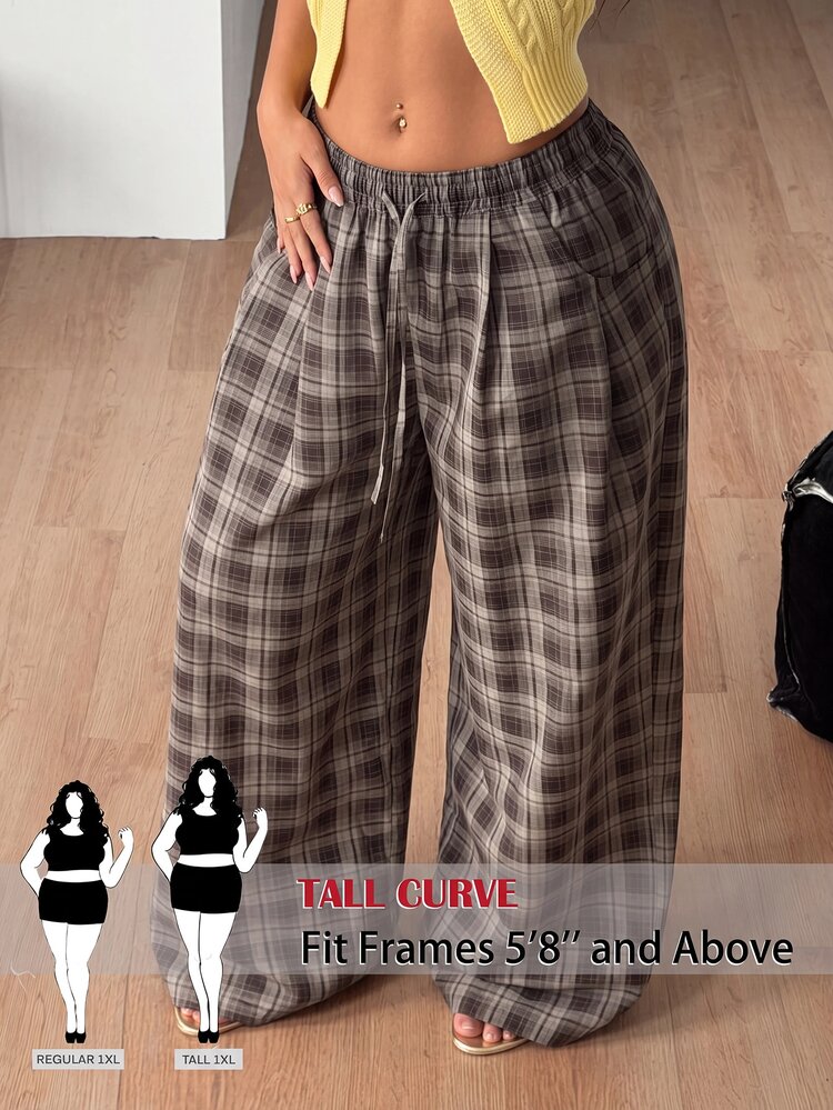 SHEIN Tall CURVE Women's Plus Size Plaid Casual Versatile Wide Leg Pants For Daily Wear Fall - Brown - View 8