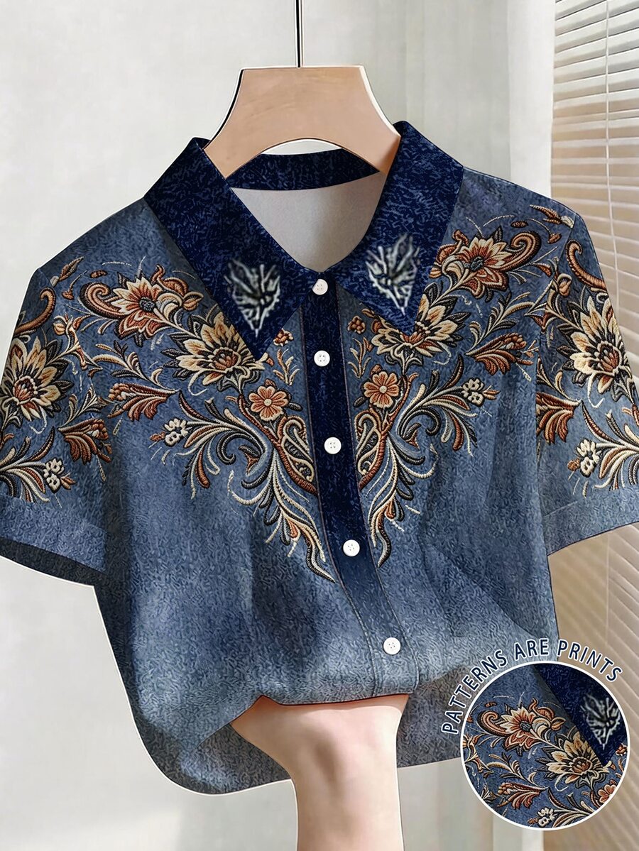 Breezaya Floral Pattern Print Short Sleeve Fashion Plus Size Shirt - Multicolor - View 1
