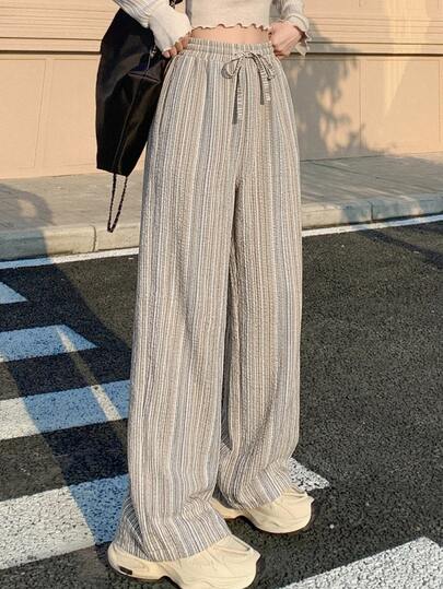 Livesso 보헤미안 스타일 휴가 텍스처 스트라이프 스트레이트 캐주얼 팬츠 여름 여성 바지, 교사 바지