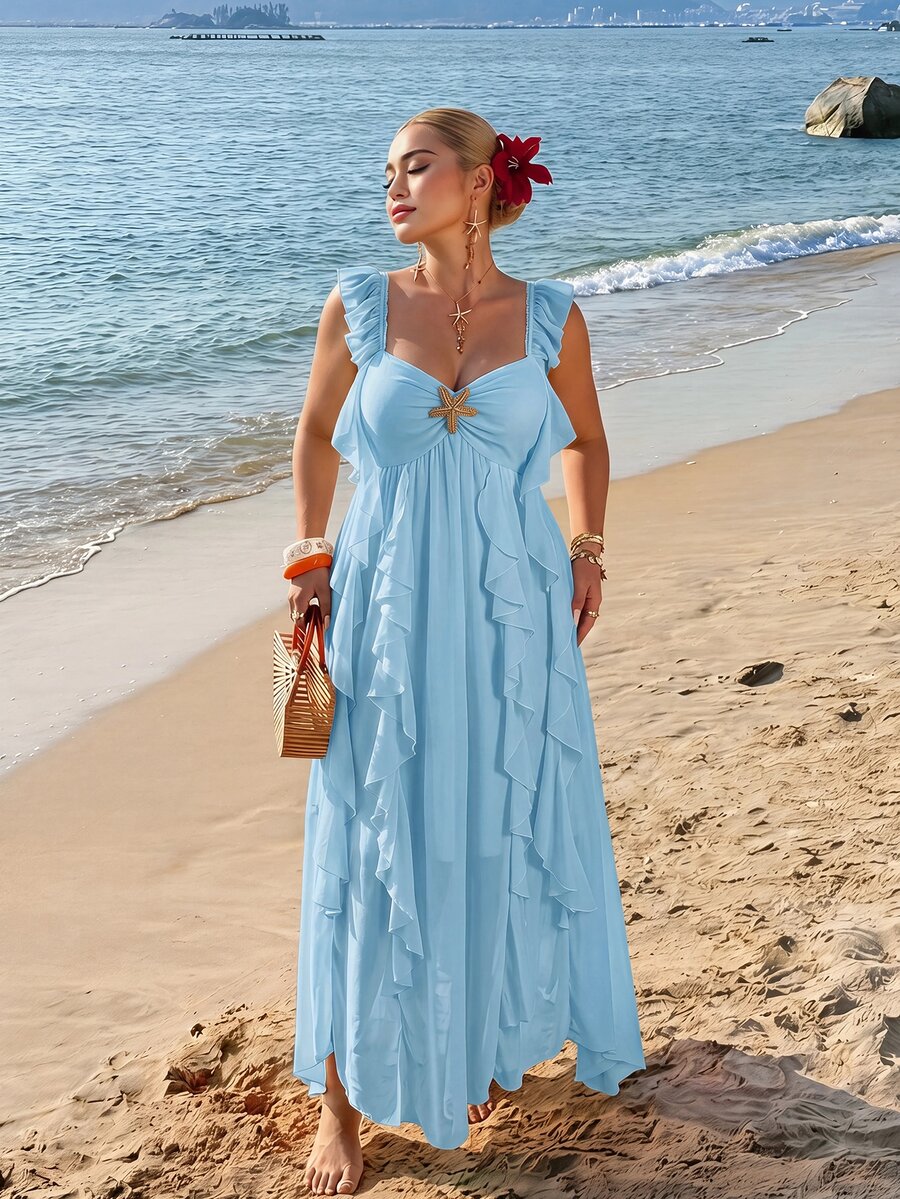 SHEIN MOD Plus Size Chiffon Starfish Metal Decor Ruffle Hem Maxi Dress - Blue - View 1