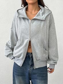 SHEIN EZwear 淺灰色女款拉鍊口袋長袖運動衫 開學畢業季 秋季休閒度假款 - 淺灰色 - 查看 5
