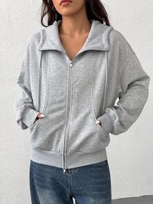 SHEIN EZwear 淺灰色女款拉鍊口袋長袖運動衫 開學畢業季 秋季休閒度假款 - 淺灰色 - 查看 6