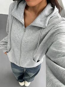 SHEIN EZwear 淺灰色女款拉鍊口袋長袖運動衫 開學畢業季 秋季休閒度假款 - 淺灰色 - 查看 4