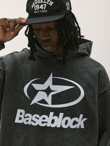 Baseblock 男士水洗黑短版連帽衛衣，Y2K復古街頭風五星圓形圖案袖口火焰印花哥德風休閒寬鬆套頭運動衫，適合演唱會、夜店、外出、Coachella音樂節、日常穿著、度假、通勤 - 黑色 - 查看 3