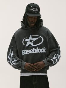 Baseblock 男士水洗黑短版連帽衛衣，Y2K復古街頭風五星圓形圖案袖口火焰印花哥德風休閒寬鬆套頭運動衫，適合演唱會、夜店、外出、Coachella音樂節、日常穿著、度假、通勤 - 黑色 - 查看 5